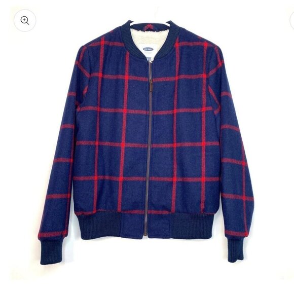 Old Navy NWT Blue Red Windowpane Plaid Wool Blend Zip Up Bomber Jacket Size M - Picture 1 of 9
